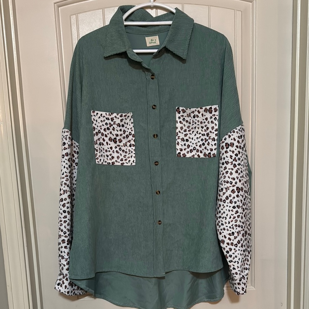 Green Button Down Shirt with Animal Print Accents